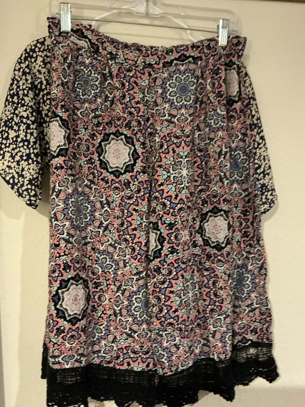 Exhilaration Boho Medallion Print Wide Leg Palazzo Pants Lace Hem Size Large